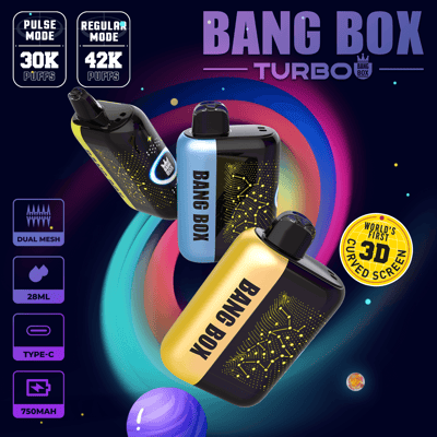 Three Bang Box Turbo vape devices with neon circuit patterns orbiting a colorful swirl, highlighting pulse modes and a 3D curved screen.