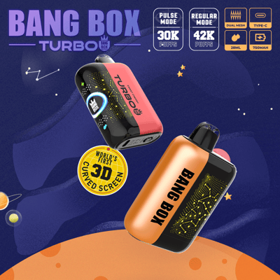 Bang Box Turbo vape devices float in space, pink/black TURBO and orange/black models with a yellow 3D curved screen badge.