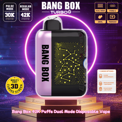 Bang Box Turbo disposable vape in pink and black with vertical BANG BOX text and a 3D curved screen; 42K/30K puffs.