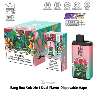 Kit de vape jetable double saveur Colorful Bang Box 50k 2en1 avec emballage illustré et un appareil rose à bleu sarcelle.