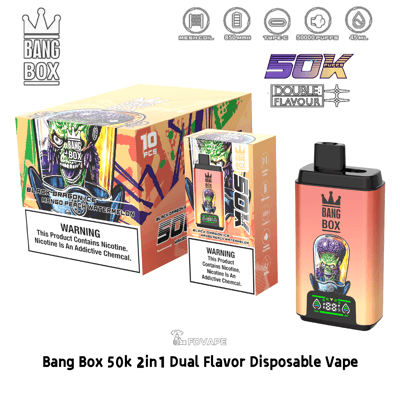 Vape jetable bi-saveur Bang Box 50k avec emballage sur le thème du dragon et appareil pêche-orange.