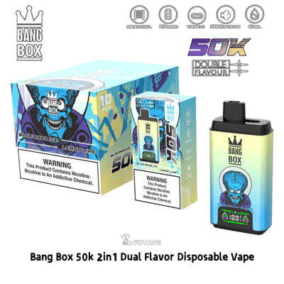 Vape jetable Bang Box 50k avec corps dégradé bleu et illustration de crâne, présentée avec des saveurs Lemon Lime et Blue Razz Ice.