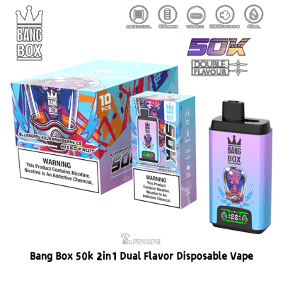 Kit de vape jetable double saveur Bang Box 50k 2-en-1 avec un emballage coloré et un appareil violet-bleu.