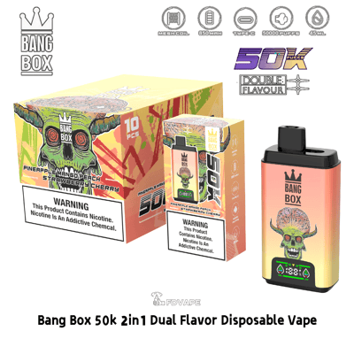Vape jetable à double saveur Bang Box 50k avec un dégradé jaune-rose et un design crâne-cerveau; saveurs Ananas, Mangue, Pêche, Fraise, Cerise.