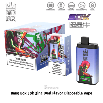 Vape jetable double saveur Bang Box 50k 2en1 avec Red Bull Watermelon Ice, présentée avec un appareil et un emballage bleus.