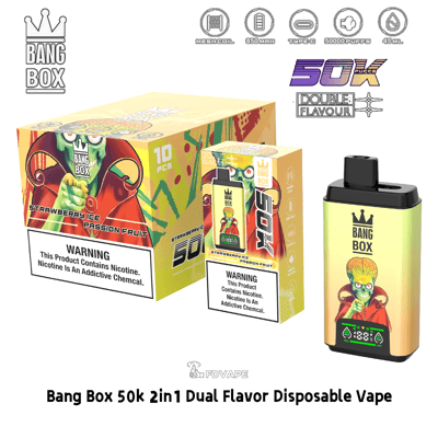 Kit de vape jetable double saveur Bang Box 50k 2en1 avec des saveurs de fruit de la passion glacée à la fraise et un dispositif cerveau-crâne jaune.