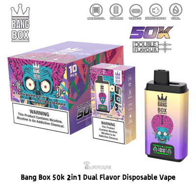 Vape jetable double saveur colorée Bang Box 50k 2en1 avec des illustrations de monstres de dessins animés sur les boîtes et un dispositif de dégradé.