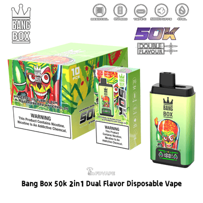 Vape jetable à double saveur Bang Box 50k avec des saveurs de bubblegum pastèque et de pastèque fraise; appareil vert avec crâne.