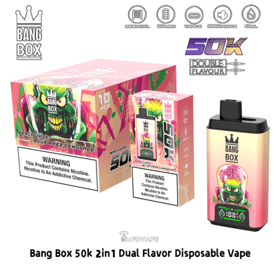Vape jetable à double saveur Bang Box 50k 2en1 avec un appareil rose; L'emballage présente les saveurs de jus de pêche et de limonade Blue Raz.