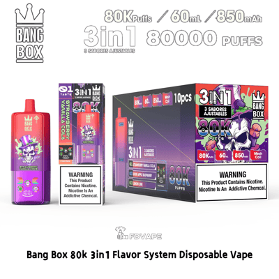 Bang Box 3-in-1 disposable vape with 80K puffs, 60 ml, 850 mAh; red gradient device beside colorful flavor boxes.