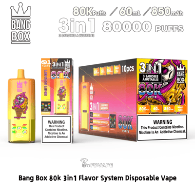 Bang Box 80K 3-in-1 disposable vape with 80,000 puffs, 60 ml, 850 mAh, shown with yellow device and colorful packaging.