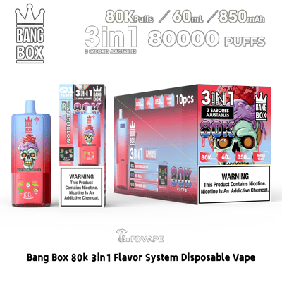 Bang Box 80K 3-in-1 disposable vape kit featuring Watermelon Ice bottle and bold skull artwork on 60 ml / 850 mAh packaging.