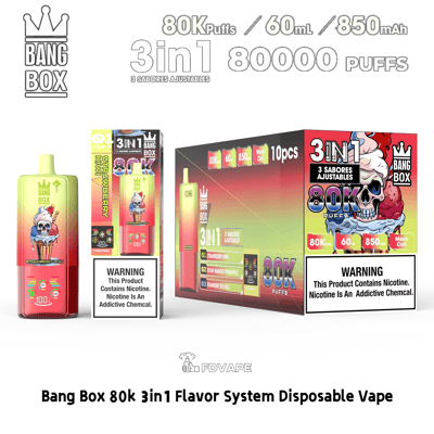 Bang Box 80K 3in1 disposable vape with three flavors, 80K puffs, 60 mL, 850 mAh and warning label.