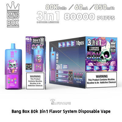 Bang Box 3in1 disposable vape with purple skull design, packaging shows 80K puffs, 60 ml, 850 mAh and three adjustable flavors.