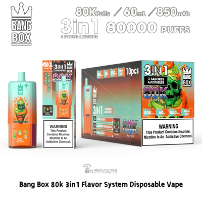 Bang Box 3in1 flavor system disposable vape with tropical fruit design, 80K puffs, 60ml, 850mAh.