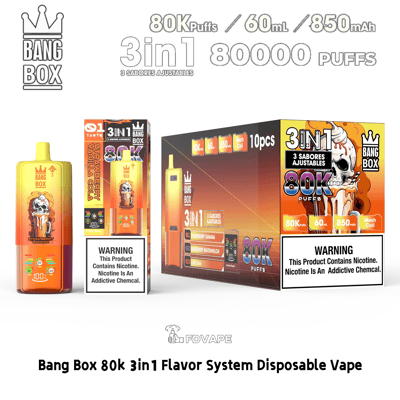 Bang Box 3-in-1 disposable vape kit with orange skull bottle and three adjustable flavors, 80K puffs, 60 ml, 850 mAh.