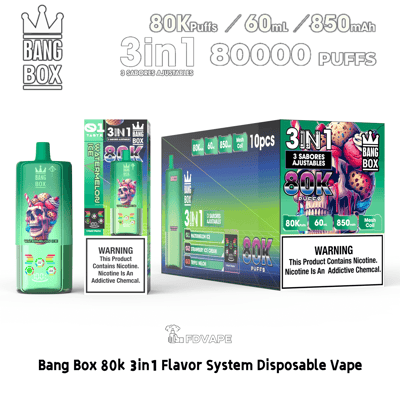 Bang Box 80K Puffs three-in-one disposable vape with a green Watermelon Ice device and bright packaging showing warning label