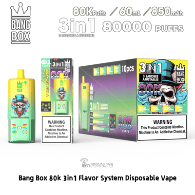Bang Box 80k 3in1 disposable vape: yellow bottle and colorful packaging, 80k puffs, 60 ml, 850 mAh, three adjustable flavors.