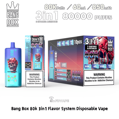 Bang Box 3-in-1 disposable vape kit in blue skull design, featuring 80K puffs, 60 ml, 850 mAh and three adjustable flavors.