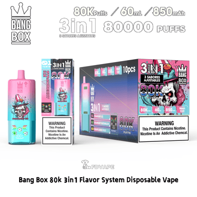 Bang Box 3-in-1 disposable vape with 80K puffs, 60 ml and 850 mAh; pink gradient device beside colorful packaging.