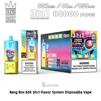 Bang Box 80K 3in1 disposable vape kit with bright packaging, 80K puffs, 60 mL and 850 mAh, featuring three adjustable flavors.