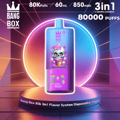 Vibrant neon ad for Bang Box 80K 3in1 disposable vape; tall purple device with skull-ice-cream artwork on a glowing pedestal.