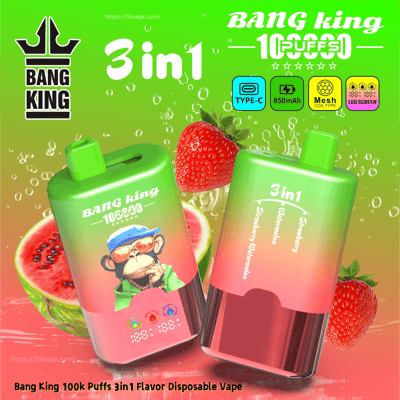 Two green-pink Bang King 3in1 disposables with strawberry and watermelon flavors; Type-C, 850mAh, mesh coil.