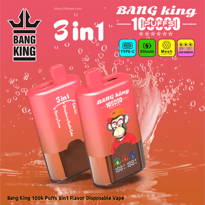 Two pink Bang King 3in1 disposable vape pens with a cartoon monkey, on a pink‑orange splash background.