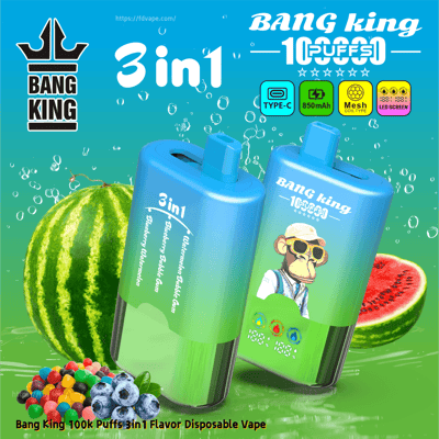 Two blue Bang King 3in1 disposable vape devices with a cartoon monkey, against a blue-green gradient with fruit slices.
