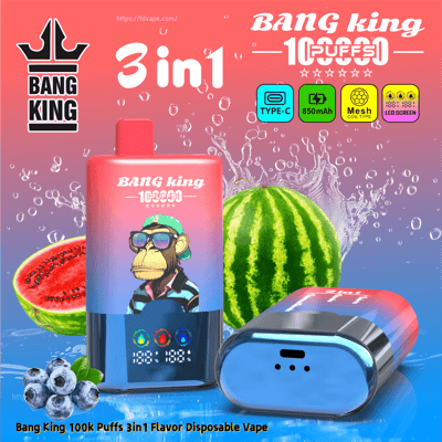 Bang King 3in1 disposable vape bottle with a cartoon monkey in sunglasses on a pink gradient label, 100k puffs.