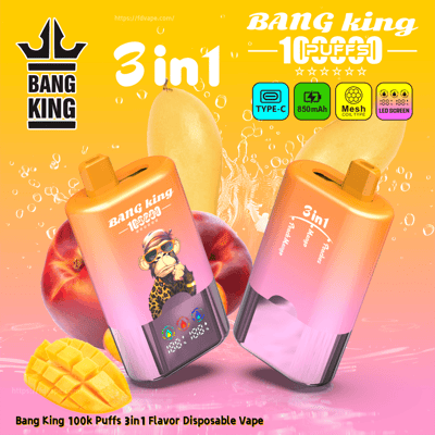 Two Bang King 3in1 disposable vapes are shown with a monkey, mango imagery, and Type-C, 850mAh, mesh coil, LED screen icons.