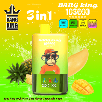 Bang King 100k Puffs 3in1 Disposable Vape bottle with a cartoon monkey wearing sunglasses, set against pineapple and mango imagery.