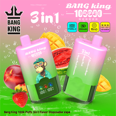 Two pink-green Bang King 3in1 disposable vape devices with a cartoon monkey mascot, surrounded by watermelon, mango and strawberry.