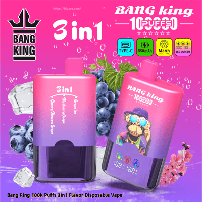 Bright pink Bang King 3in1 disposable vape ad showing two pink gradient bottles, one with a monkey, amid grapes and ice.