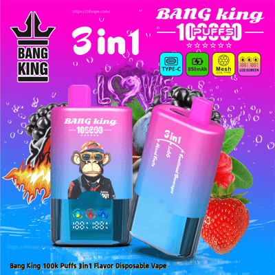 Bright pink-to-blue Bang King 3in1 disposable vape ad with two pink gradient bottles, a monkey mascot, and fruit in the background.