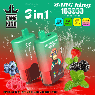 Bang King 3in1 flavor disposable vape with two green gradient devices, surrounded by berries, mint, and a splashy background.