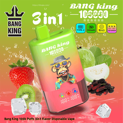 Bang King 100k Puffs 3in1 disposable vape with a cartoon monkey in sunglasses, on a green gradient background with fruit.