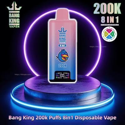 Pink-to-blue gradient Bang King Vape 8 in 1 disposable with blue bird logo, displayed on a neon-lit pedestal.