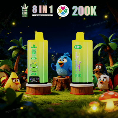 Two bright green vape bottles labeled 8 in 1 and 200K sit on wooden pedestals in a cartoon forest with a blue bird nearby.