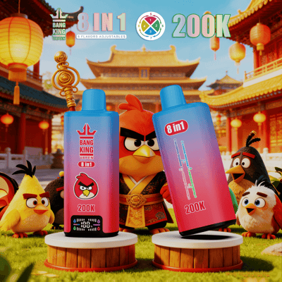 Two gradient blue-pink vape bottles labeled 8 in 1 200K stand on pedestals with Angry Birds characters and a temple backdrop.