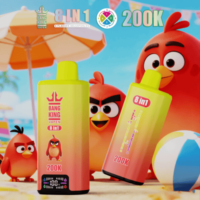 Bright beach scene with lime-yellow Bang King 8 in 1 vape bottles, 200K, and red Angry Birds near an umbrella.