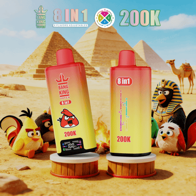 Two gradient yellow-to-pink vape bottles labeled 8 in 1 and 200K stand on round wooden pedestals in a desert with pyramids and cartoon birds.