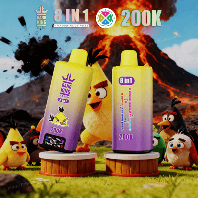 Two yellow Bang King vape bottles with 8-in-1 200K on wooden pedestals, with Angry Birds and an erupting volcano.