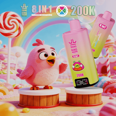 Pink fluffy cartoon chick on a wooden pedestal beside two large vape bottles labeled 8 in 1 and 200K in a candy backdrop