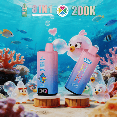 Underwater scene with two pink-to-blue vape devices on wooden pedestals, Bang King Vapens logo, 8 in 1 and 200K, surrounded by cartoon fish.