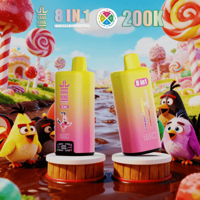 Two gradient yellow-pink vape bottles labeled 8 in 1 and 200K stand on stumps in a candy-land scene with colorful birds.