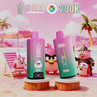 Two pink-to-green gradient Bang King 8-in-1 vape bottles on a tropical beach with cartoon birds and a 200K price label.