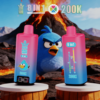 Two pink-to-blue gradient vape bottles labeled 8 in 1 and 200K flank a blue angry bird with a lava volcano in the background.