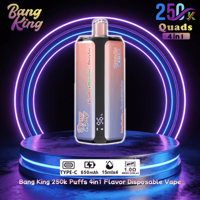 Bang King 4-in-1 disposable vape with a pink-to-silver gradient, set on a neon-lit pedestal with circular neon rings and 250k puffs.