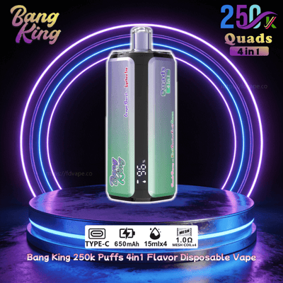 Bang King 250k Puffs 4in1 disposable vape on a neon-lit pedestal with glowing rings and a gradient dual-panel design.